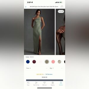 BHLDN Dylan One- Shoulder Satin Side Slit Gown (moss)